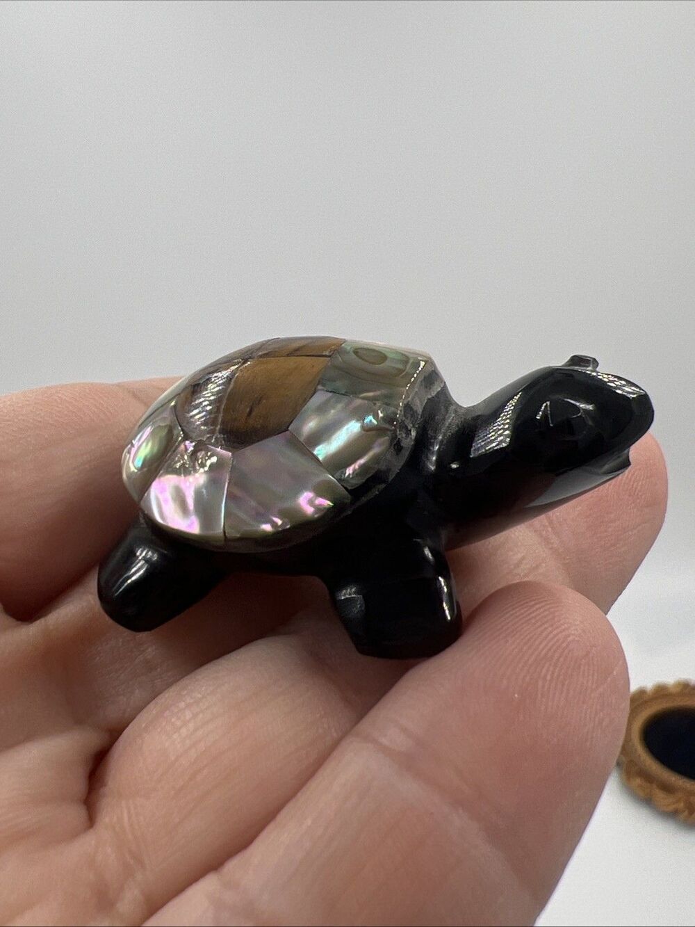 Pet TURTLE OBSIDIAN stone inlaid abalone, tiger's eye Trinket Vintage Tiny Cute